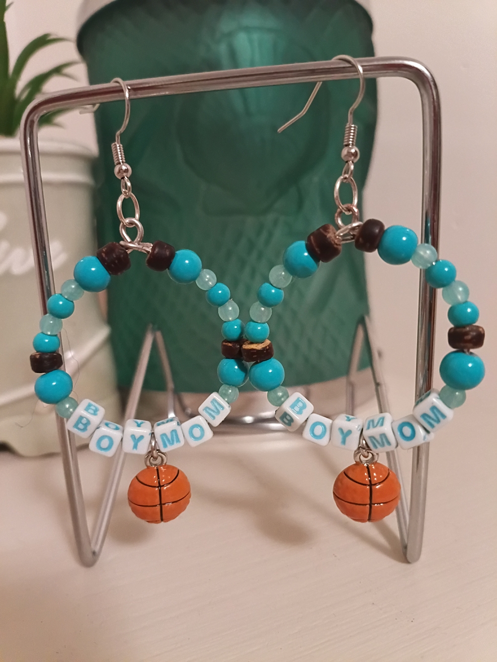 Handmade Turquoise 'Boy Mom' Beaded Hoop Earrings with Basketball Charm